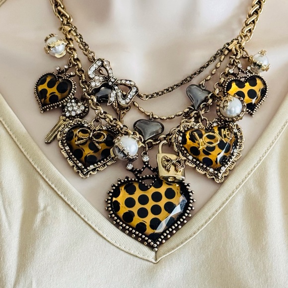Betsey Johnson Necklace Designer Heart Bow Polka Dot Multi Crystal Gold Bib Rare - Picture 7 of 8